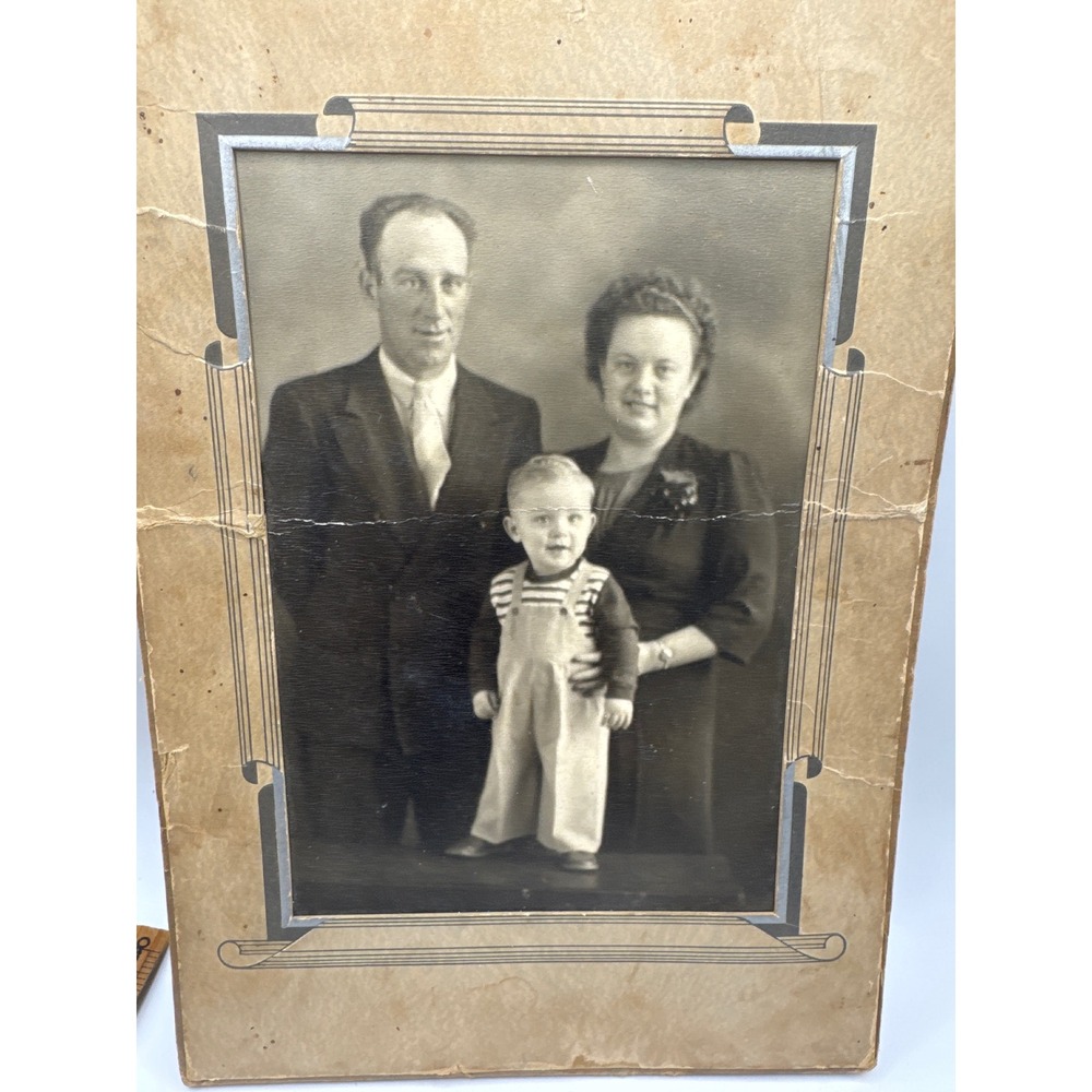 Vintage Mid Century Family Portrait Black White Photo Mounted Cardboard Frame